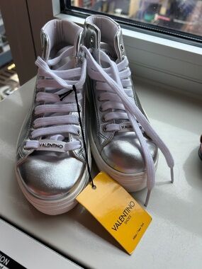 Valentino Silver Leather High-Top Sneakers with White Laces